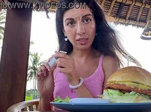 Brunette flashes small tits in public cafe and toilet