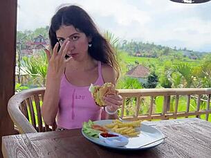 Brunette flashes small tits in public cafe and toilet