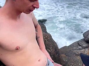Brazilian Exhibitionist with Tattoo Fucked on Beach Behind Rocks