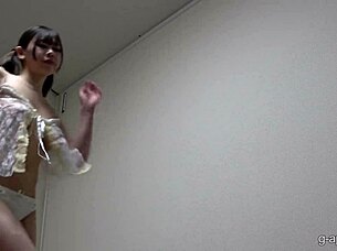 Japanese girl with natural tits strips see-through lingerie revealing cameltoe before donning stewardess uniform
