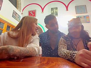 Two bisexual lesbians are seduced by a handsome guy who fucks them in the bar and leaves them creampied.