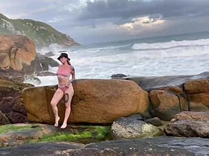 Brazilian Exhibitionist with Tattoo Fucked on Beach Behind Rocks