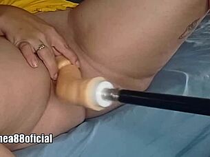 Gigantic cock machine fucks student's nice pussy while she masturbates her clit 😍