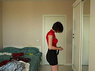 Pretty Brunette Tries On Skirts, Pants, Tops, And Blouses In Homemade Workout Session