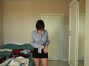Pretty Brunette Tries On Skirts, Pants, Tops, And Blouses In Homemade Workout Session