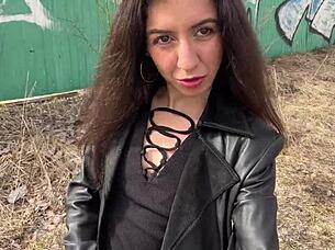 cum on this teen's face so she walks through the park in leather shoes, shocking people with sperm 😈
