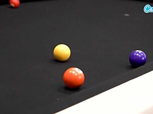 Two amateur teen lesbians kiss and masturbate together on pool table with wet pussies