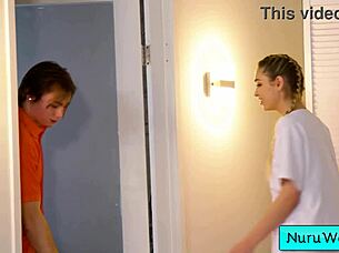 Lovely pigtailed blondie teen masseuse rubbing her naked body on her horny client, Delilah Day and Anthony Pierce?