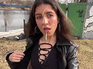 cum on this teen's face so she walks through the park in leather shoes, shocking people with sperm 😈