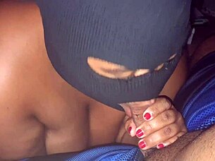 chubby bbw gives deepthroat blowjob under table cum on tits