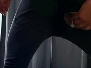 the babe says, 'want to see me tear jeans and jerk this huge cock?'