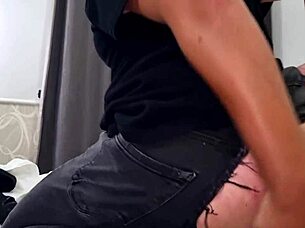 the babe says, 'want to see me tear jeans and jerk this huge cock?'