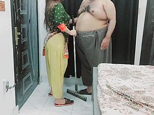 Indian stepdaughter of maid interacts with old daddy in a family setting.