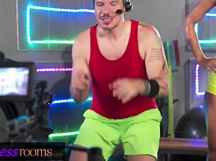 European Babe Lia Min Engages In Gym Threesome With Personal Trainer, Featuring Blowjob, Riding, And Doggy Style In Shorts