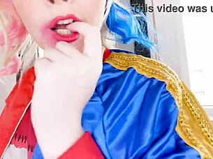 Arielle Aquinas as sexy Harley Quinn gives huge cock blowjob and swallows cum