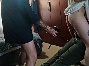 my stepdad and his friend fucked me at once, cum on my ass