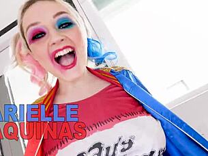 Arielle Aquinas as sexy Harley Quinn gives huge cock blowjob and swallows cum