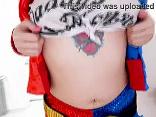 Arielle Aquinas as sexy Harley Quinn gives huge cock blowjob and swallows cum