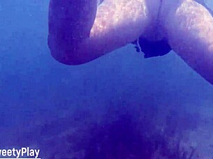 Underwater creampie during swimming after filling her pussy with cum.
