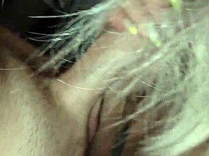 Blonde mature couple fucks in garage, focusing on feet