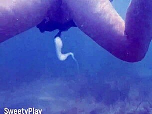 Underwater creampie during swimming after filling her pussy with cum.