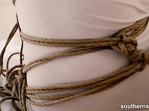 Bound hairy beauty climaxes through solo masturbation 😍