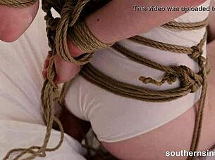 Bound hairy beauty climaxes through solo masturbation 😍