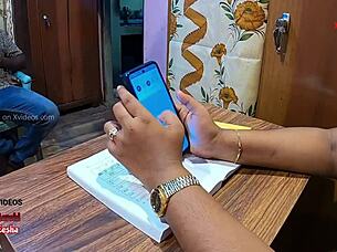 indian student and milf teacher in classroom table scene