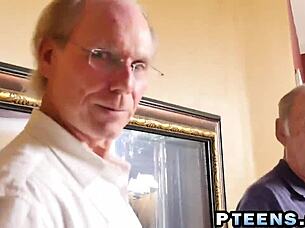 Experienced blonde teen enjoys two dongs in a wild threesome.