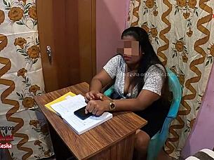 indian student and milf teacher in classroom table scene