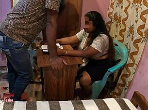 indian student and milf teacher in classroom table scene