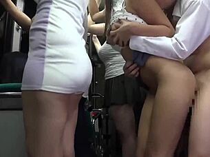 beautiful asian woman seduces young man on the public bus