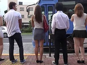 beautiful asian woman seduces young man on the public bus