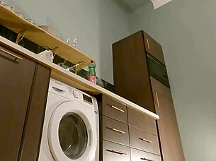 Hot Brunette Babe In The Kitchen First With Panties Then She Takes Her Underwear Off Under Her Mini Skirt!