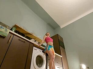 Hot Brunette Babe In The Kitchen First With Panties Then She Takes Her Underwear Off Under Her Mini Skirt!