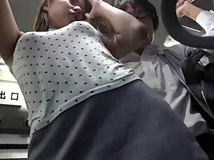 beautiful asian woman seduces young man on the public bus