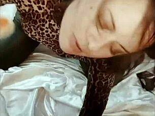 French amateur in red satin and leather, deepthroats and rims in doggystyle.