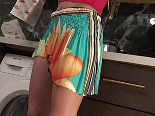 Hot Brunette Babe In The Kitchen First With Panties Then She Takes Her Underwear Off Under Her Mini Skirt!