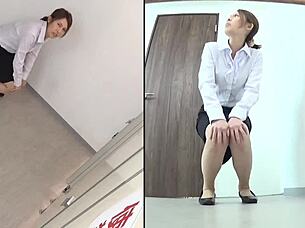 a cute asian babe wets her panties in the bathroom.