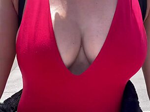 I see big boobs walking outdoors