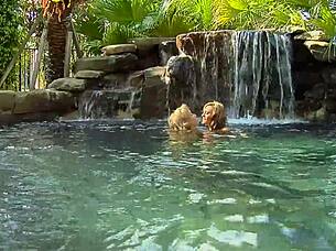 hey, look at those beautiful blonde lesbians making out by the poolside with their babes
