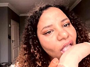 Dirty talking bbw deepthroats a dildo and stuffs it between her big oiled tits