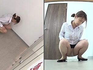 a cute asian babe wets her panties in the bathroom.