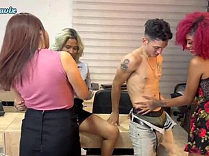 Delivery Guy Receives Reward From Beautiful Girls In Office Bathroom