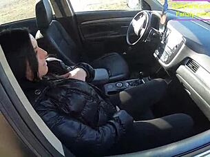 tight leather pants, no panties, wet surprise in car! steamy blowjob outdoors, rough forest fuck!