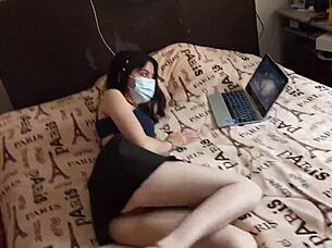 Blindfolded teen Laura rides boss in shower without underwear.