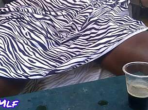 milf in public bar flashes her shaved hairless pussy for voyeur in outdoor solo masturbation