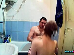 Skinny maid sucks cock in bathroom and gets fucked