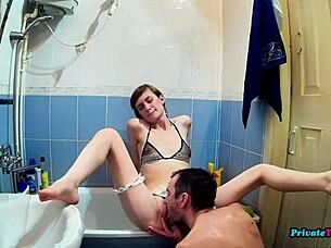 Skinny maid sucks cock in bathroom and gets fucked