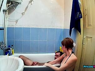 Skinny maid sucks cock in bathroom and gets fucked